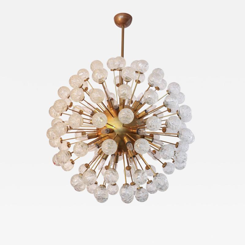 Starburst Sputnik Chandelier with Brass Frame and Flower Shaped Glass 1980s