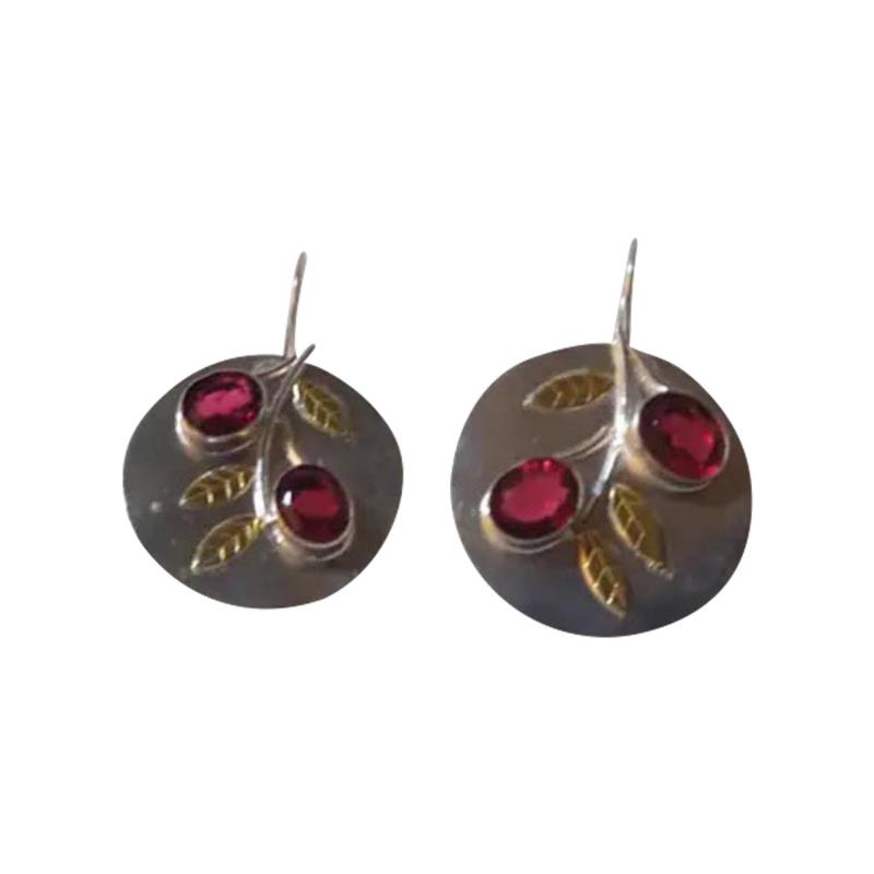 Sterling Silver with Gold Floral Accents with Ruby Settings Disc Earrings