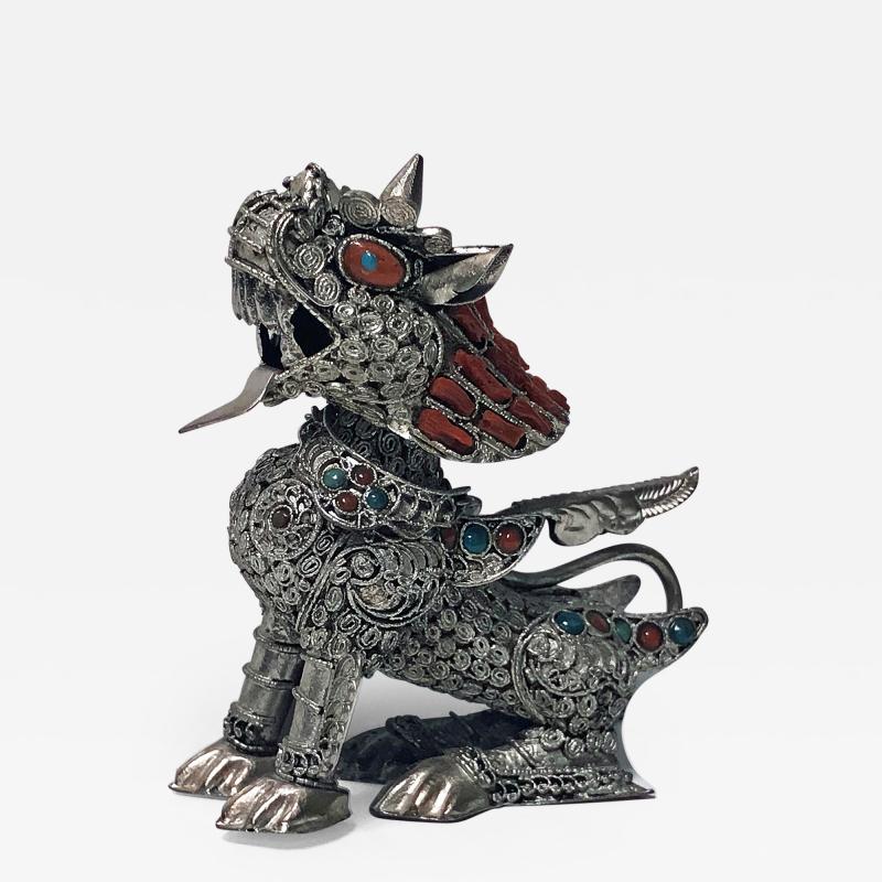 Sterling silver Foo Lion Dog and colour stone inlay probably Chinese C 1950s
