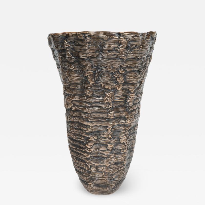 Steven Haulenbeek Modernist Ice Cast Patinated Bronze Vase with Wax Finish by Steven Haulenbeek