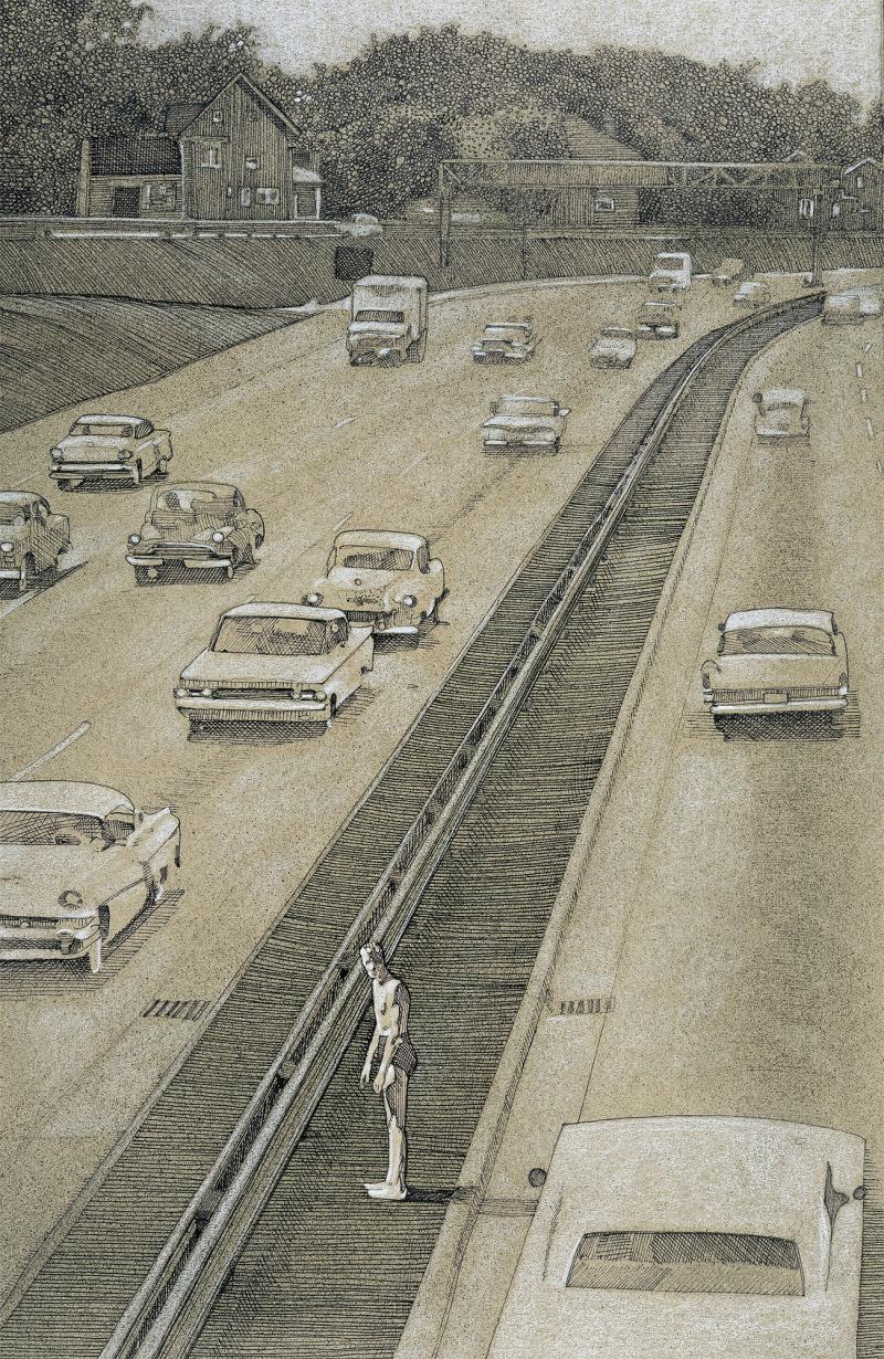 Steven Stroud Surreal semi Nude Man in the Middle of the Highway