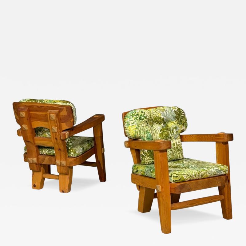 Stig Sandqvist Brutalist Lounge Chairs Pine Green Fabric Sweden 1960s