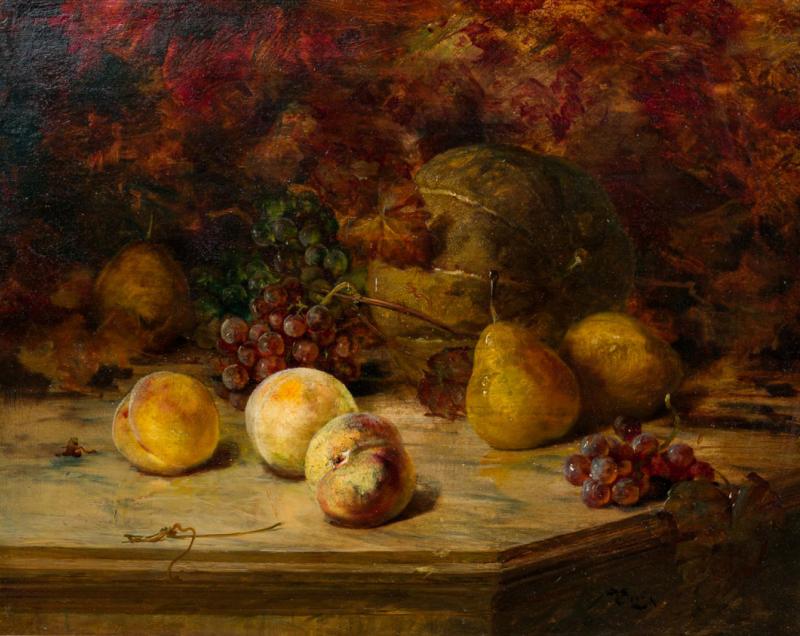 Still Life Painting of Peaches Pears Grapes and Melon in a Giltwood Frame
