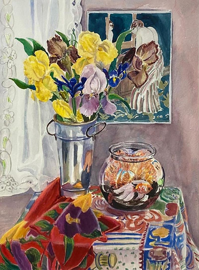 Still Life Watercolor of Irises Mary Cassatt Goldfish by Cathy Folk Williams