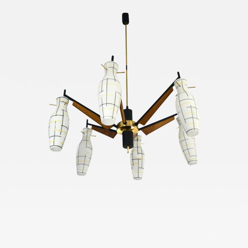 Stilnovo 1950s Italian Yellow Black White Frosted Glass 6 Light Brass Chandelier