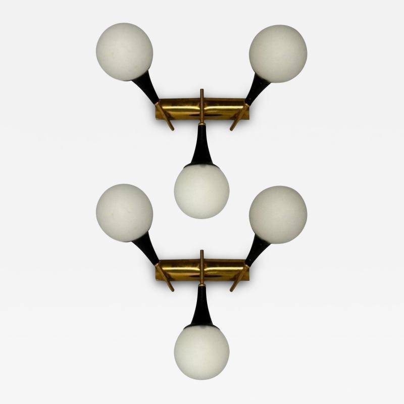 Stilnovo Italian Mid Century Modern Three Light Sconces Brass Glass 1950s