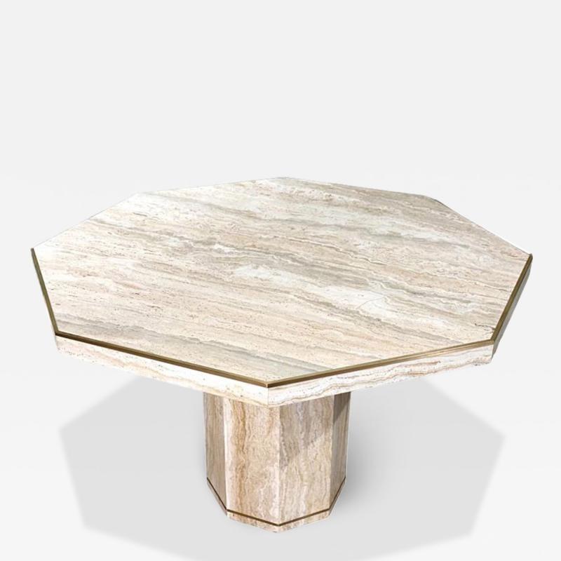 Stone International Italian Hexagon Travertine Brass Dining Center Table Italy 1970