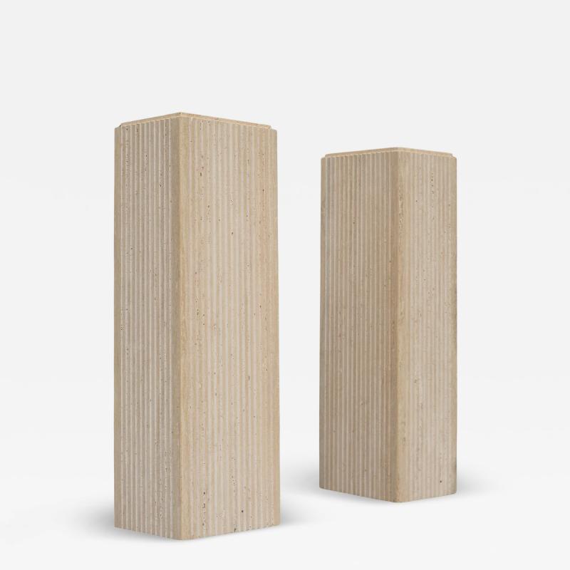 Stone International Pair Vintage Italian Stone International Tall Fluted Travertine Marble Pedestals