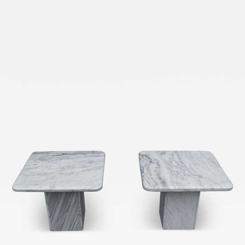 Stone International Pair of Italian Side Tables in White Marble With Grey Veining 1970s