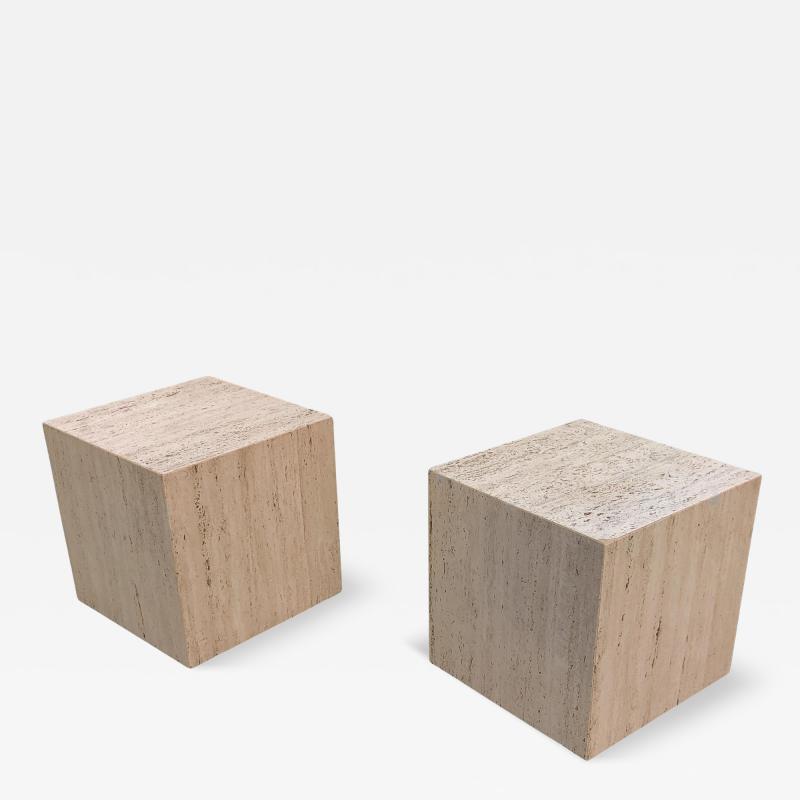 Stone International Pair of Vintage Mid Century Modern Travertine Cube Form Side or End Tables