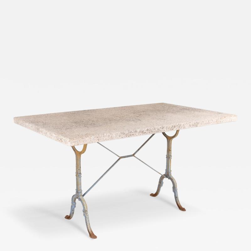 Stone Topped Dining Table with Blue Trestle Iron Base France mid 20th c