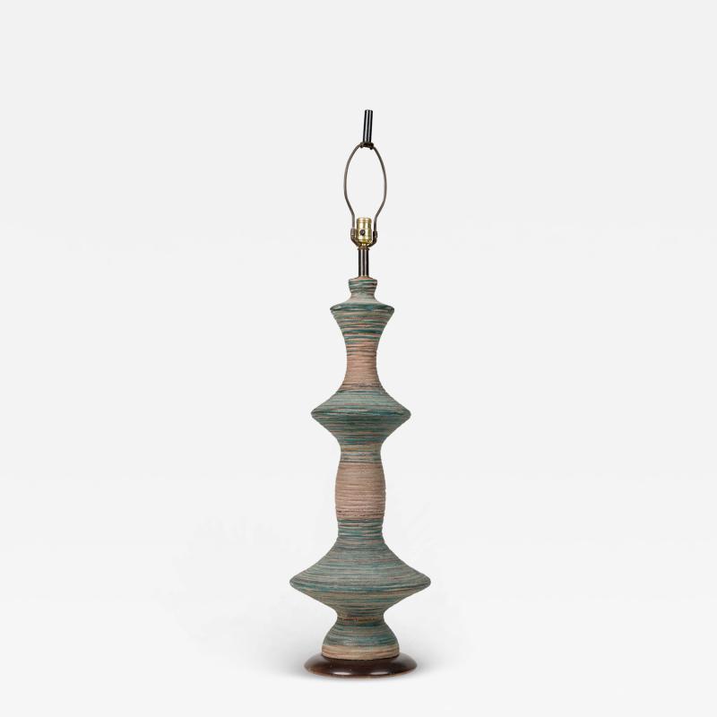 Stoneware Ceramic Tall Spindle Table Lamp with Blue Matte Glaze on Wood Base