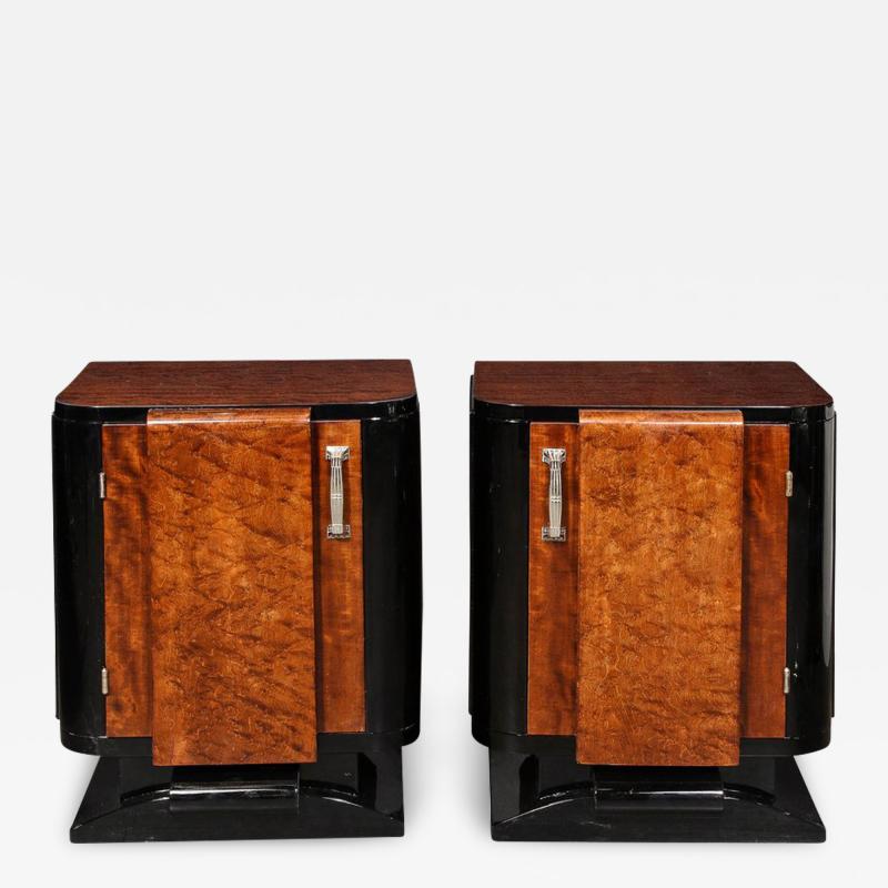 Streamlined End Tables Night Stands in Burled Walnut with Silvered Pulls