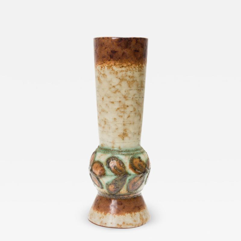 Strehla East German Mid Century Raised Green Floral Design Brown and Beige Glaze