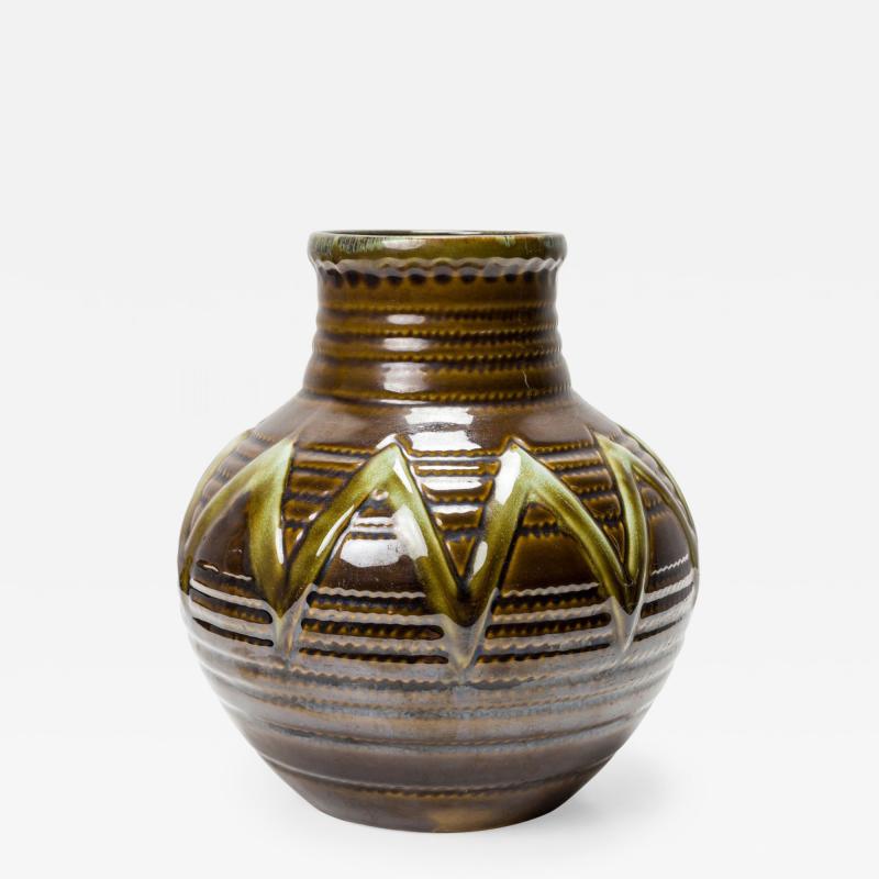 Strehla Keramik East German Mid Century Ribbed Green Zig Zag Pattern Brown Glaze
