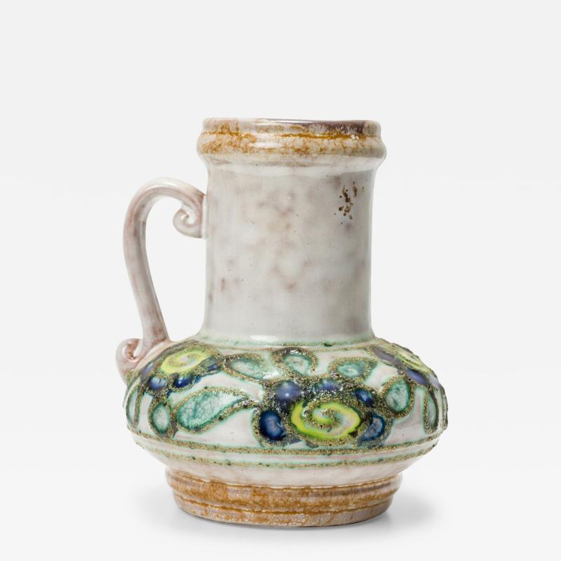 Strehla Keramik East German Raised Green and Blue Floral Pattern and Beige Glaze