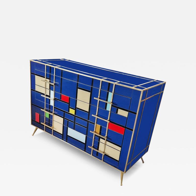 Striking Mid Century Style Brass and Blu Multicolored Murano Glass Commode 2020