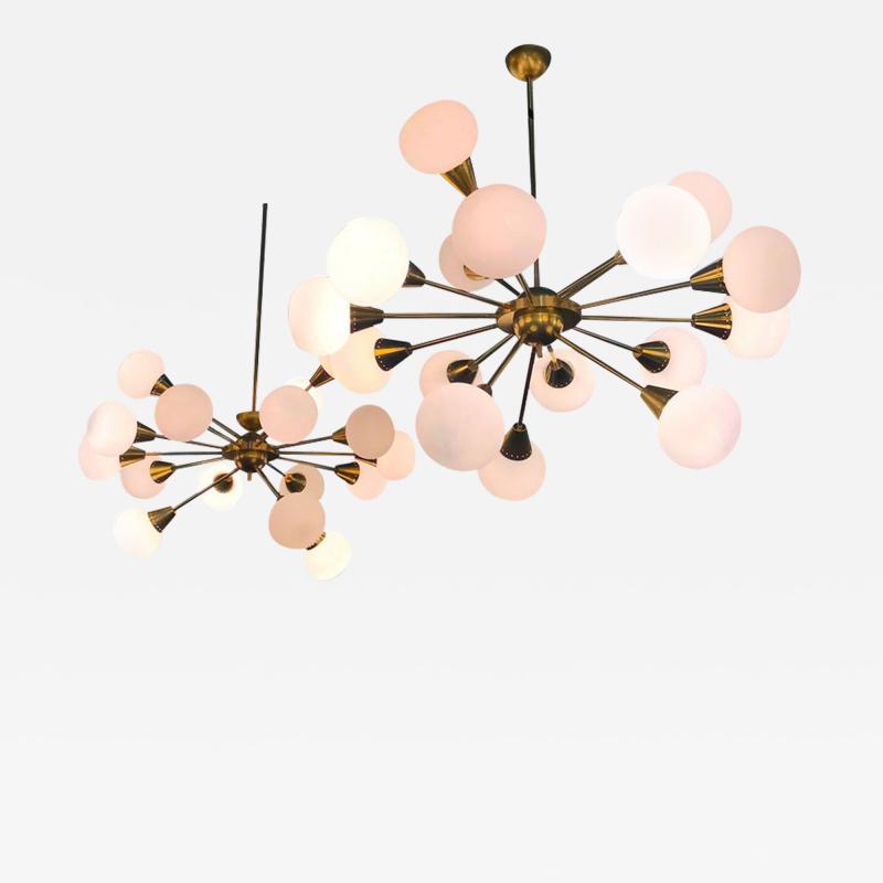 Striking Midcentury Brass and Opaline Murano Glass Large Sputnik Chandelier