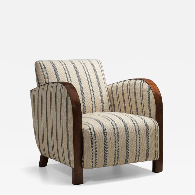 Striped Art Deco Armchair with Beech Armrests Europe ca 1930s