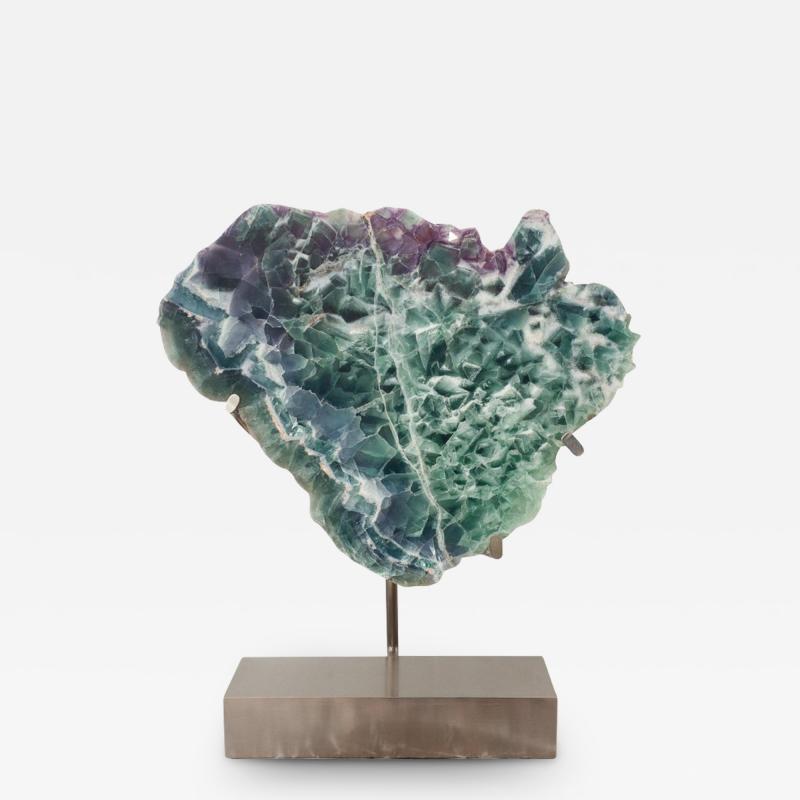 Studio Maison Nurita Massive Fluorite Slice Sculpture with Brushed Nickel Base