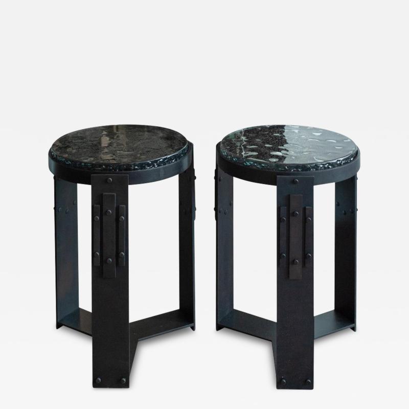 Studio Maison Nurita Pair of Smoked Glass Tables with Blackened Brass Bases