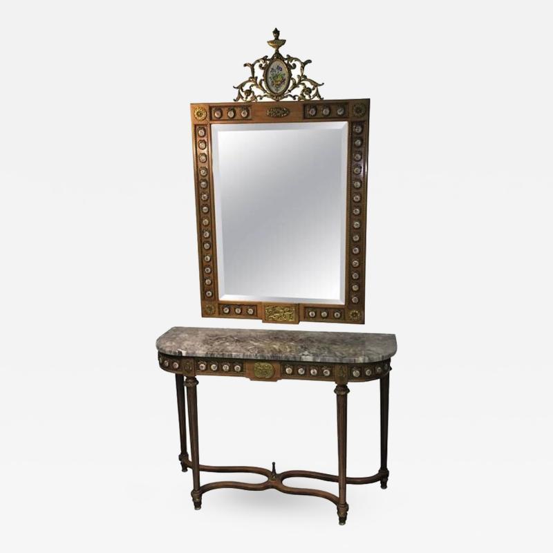 Stunning 1940s Brass and Sevres Style Porcelain Plaque Mirror and Console