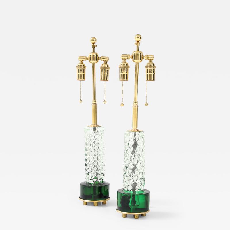 Stunning Pair of Emerald and Clear Crystal Lamps