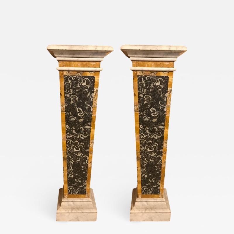 Stunning Pair of Italian Neoclassical Inlaid Marble Bases or Pedestals