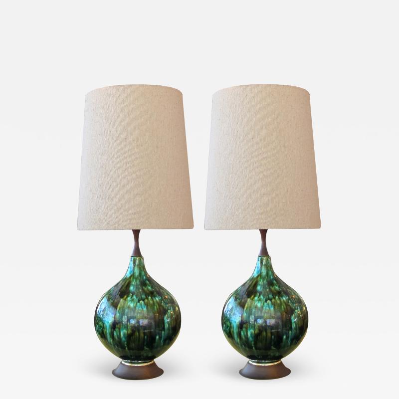 Stunningly Large Pair of American 1960s Olive Green and Teal Drip Glaze Lamps