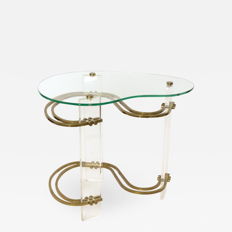 Stylish Kidney shaped Glass and Lucite Side Table with Brass Stretchers