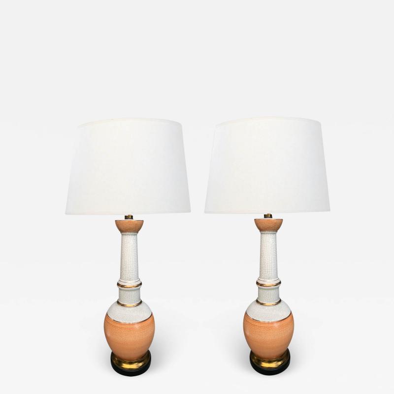 Stylish Pair of Frederick Cooper 1960s Peach and White Crackle glaze Lamps