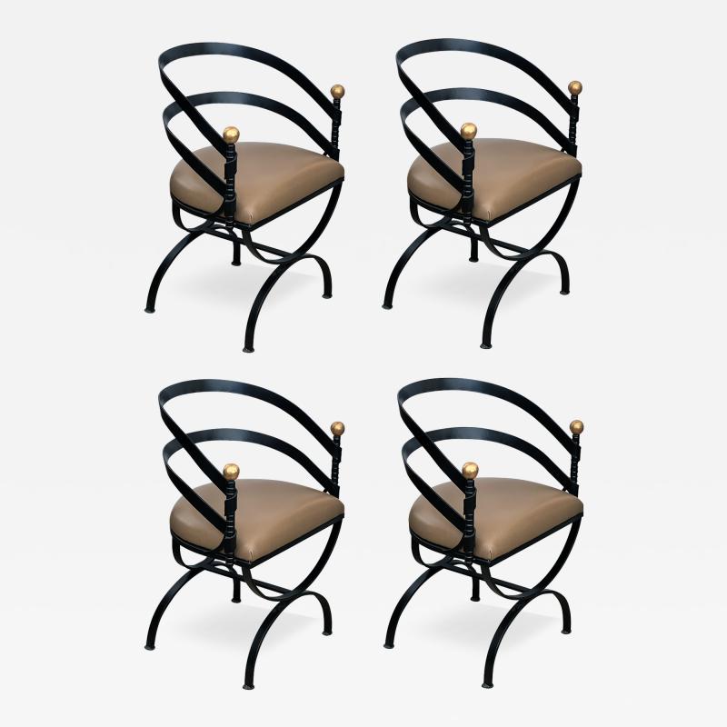 Stylish Set of Four Wrought Iron Barrel back Curule form Chairs