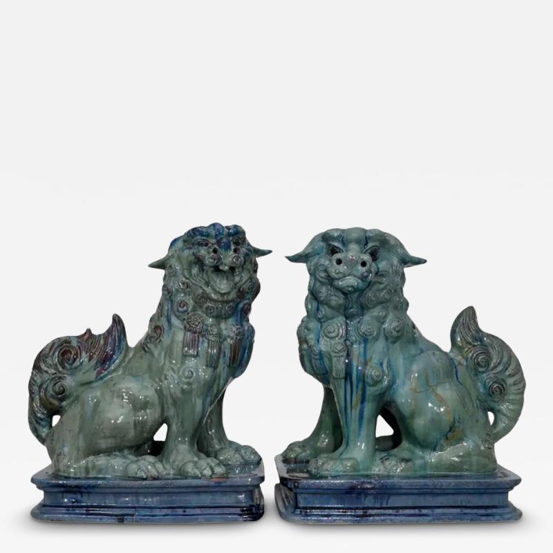 Substantial Pair of Italian Glazed Terra Cotta 19th Century Foo Dogs