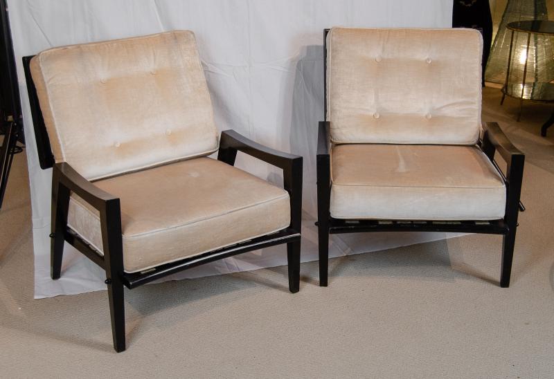 Substantial Pair of Open-Frame Ebonized Club Chairs