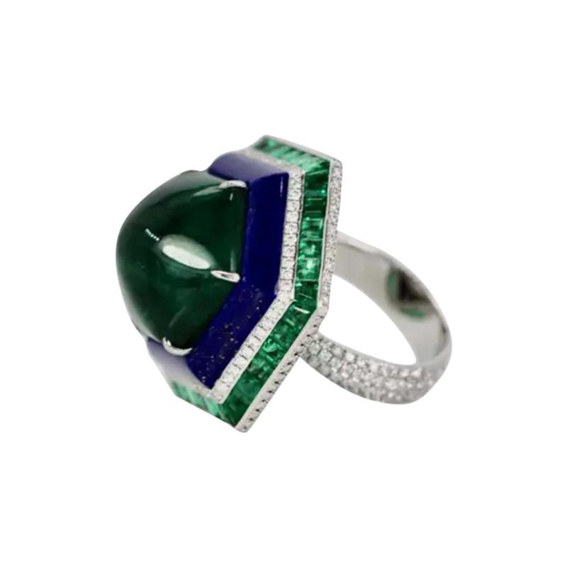 Sugarloaf Bullet Emerald of 29 Carats and Lapis Diamond Ring 18K