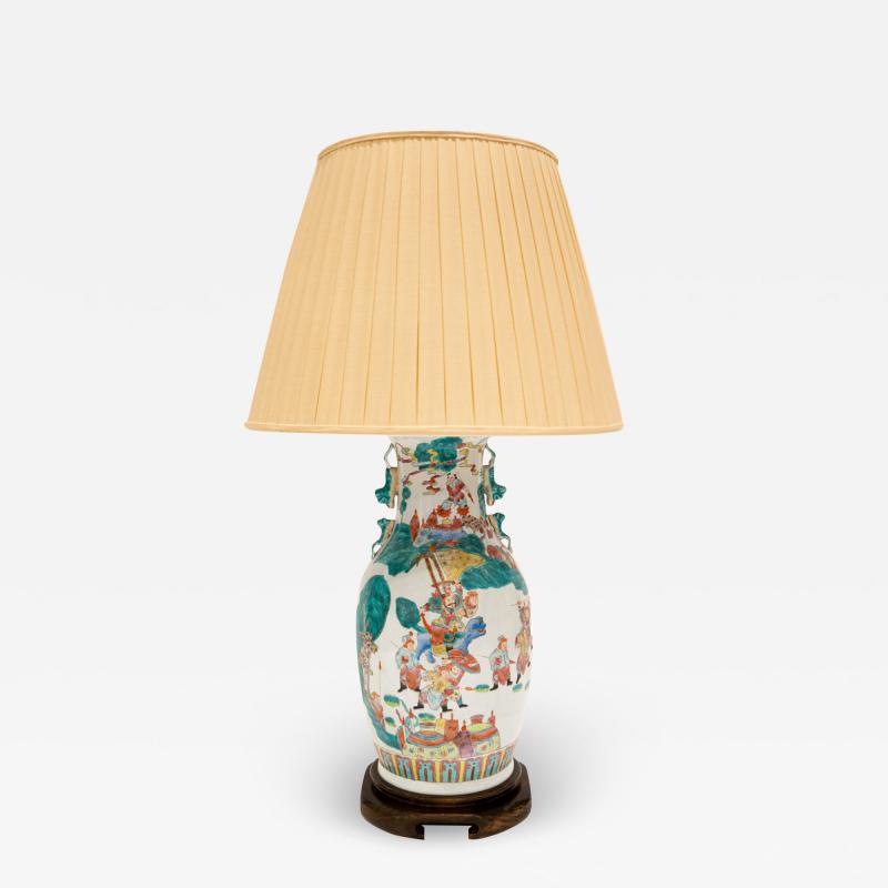 Superb Artisan Chinese Porcelain Table Lamp on Carved Wood Base 1960s