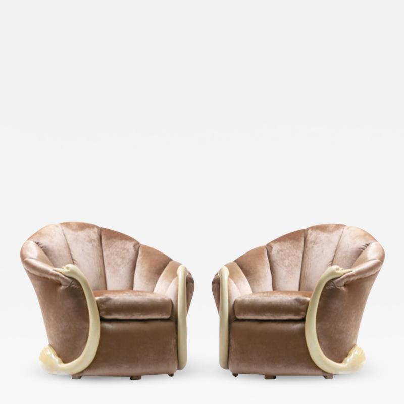 Suzanne Geismar Suzanne Geismar Swan Leda Lounge Chairs in Mink Velvet and Ivory Parchment Swans