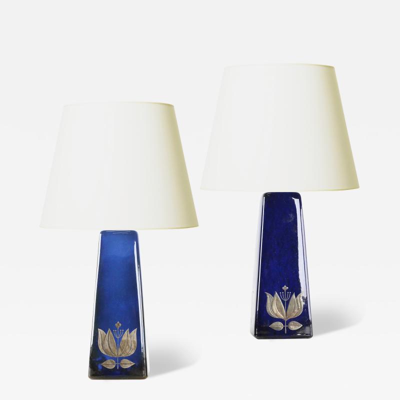 Sven Jonson Pair of Table Lamps in Blue Glaze With Silver Inlay Floral Motifs by Sven Jonson