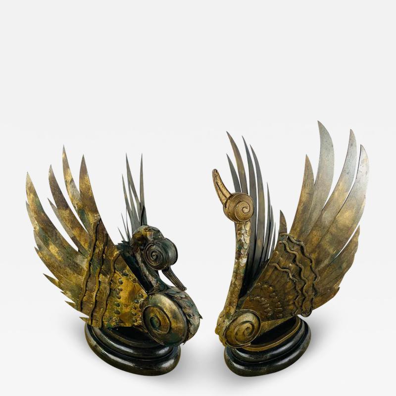 Swan Bronze Brutalist Statue a Pair