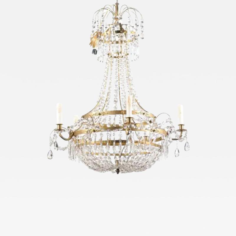 Swedish 1810s Gustavian Period Five Light Crystal and Brass Basket Chandelier