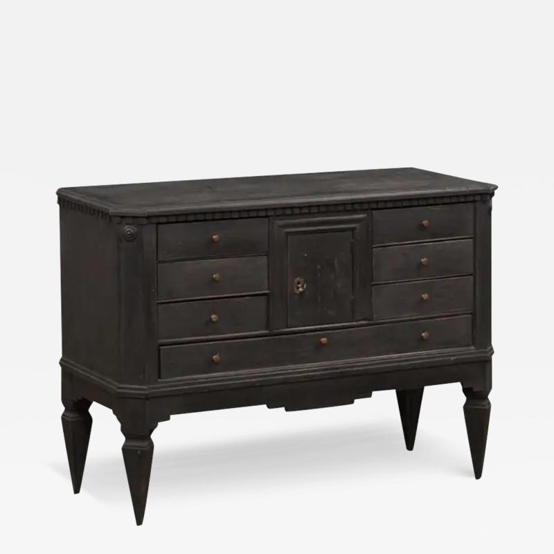 Swedish 1855s Black Painted Chest with Central Door and Seven Drawers