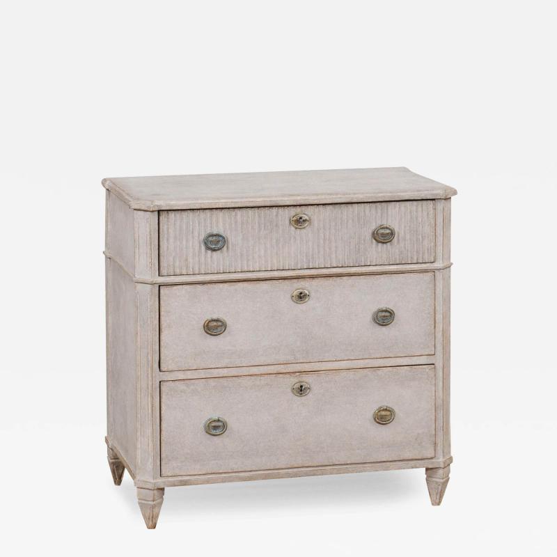 Swedish 1890s Gustavian Style Gray Painted Three Drawer Chest with Reeded Motifs