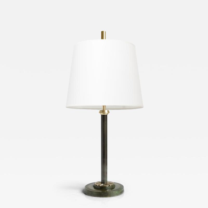 Swedish Art Deco patinated and polished brass column lamp with lotus flower 