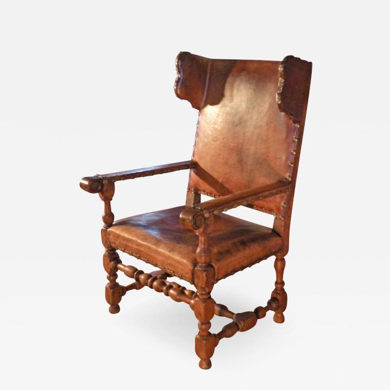 Swedish Baroque 17th Century Leather Covered Wing Back Armchair