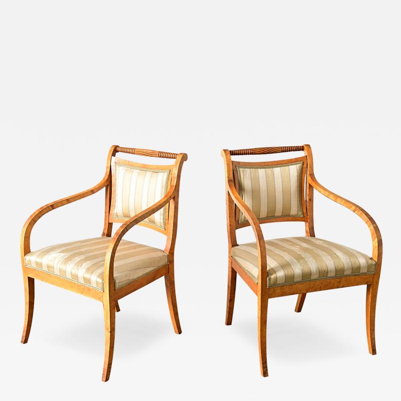 Swedish Biedermeier Style Pair of Carved Birch Armchairs
