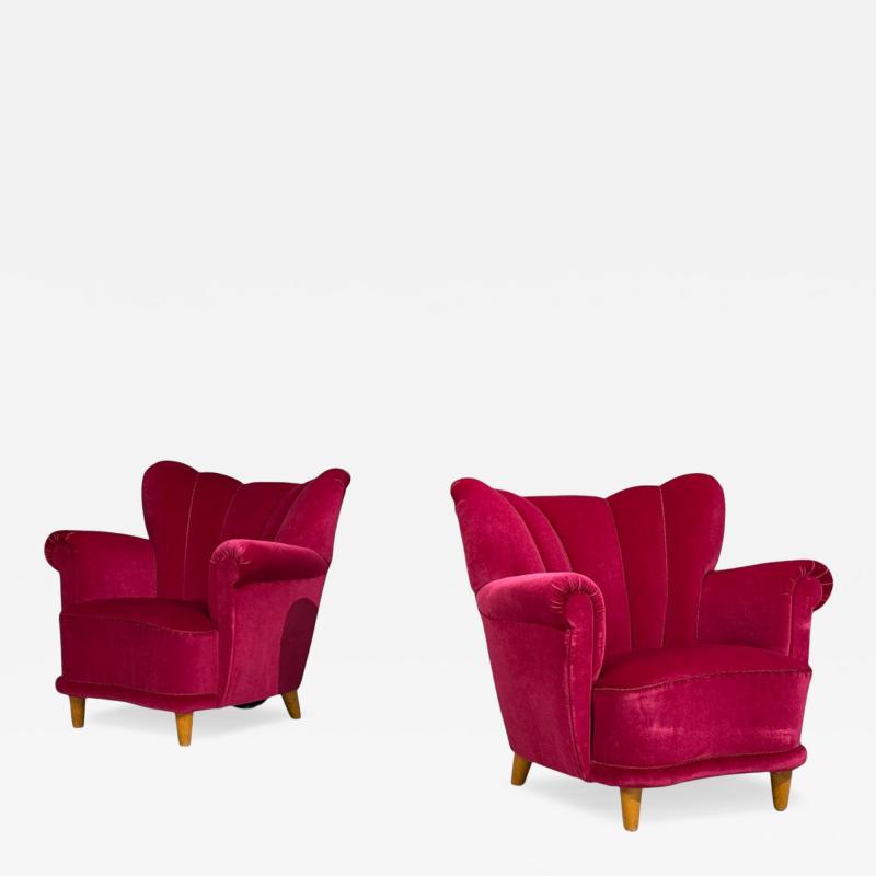 Swedish Cabinetmaker Lounge Chairs Red Velvet Lacquered Wood Sweden 1940s