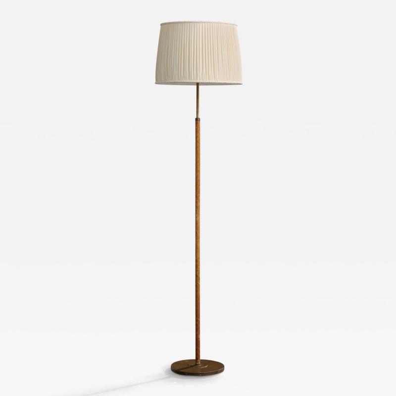 Swedish Designer Floor Lamp with Brass Leather and Fabric Sweden 1940s