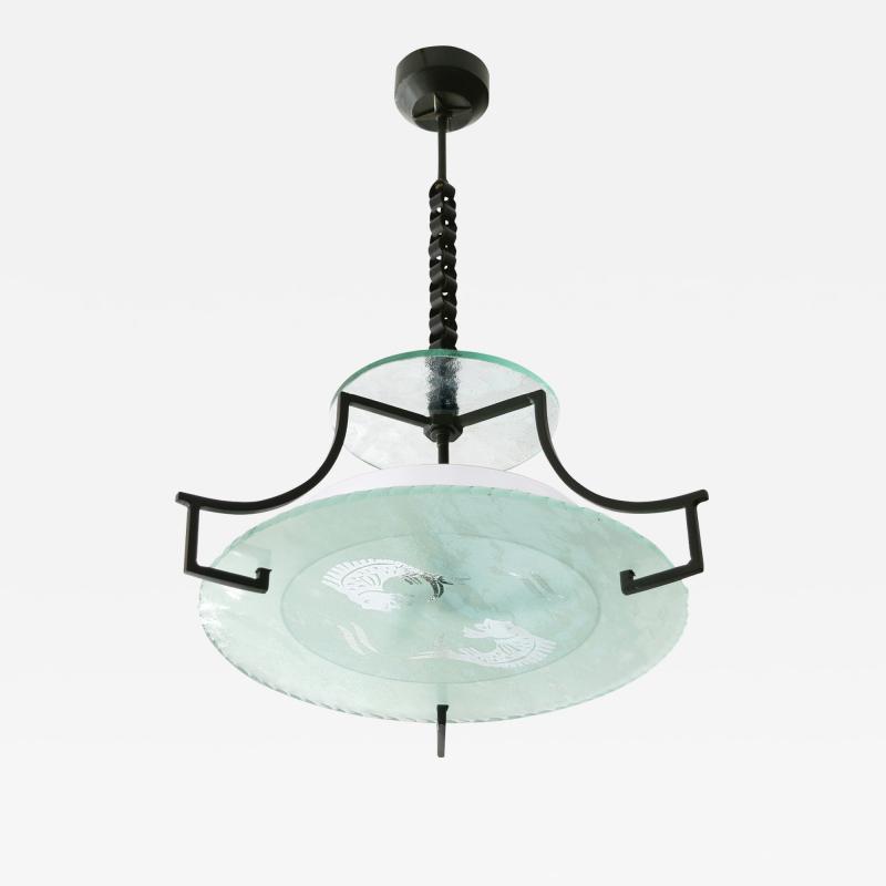 Swedish Etched glass and iron chandelier with fish and wave design 