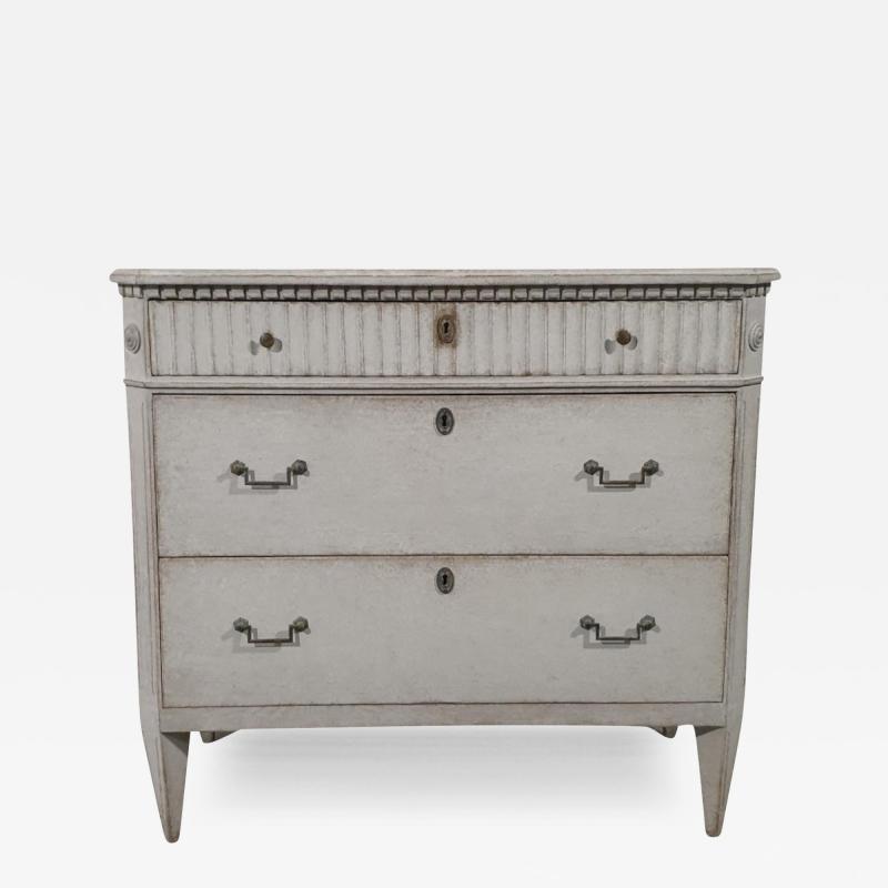 Swedish Gustavian Style 1860s Gray Painted Three Drawer Chest with Carved Drawer