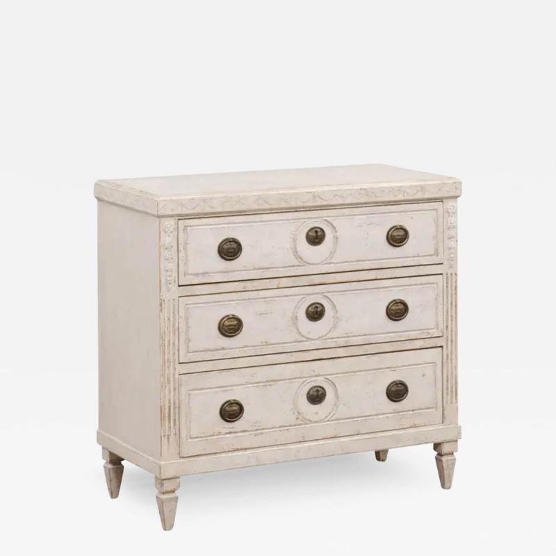 Swedish Gustavian Style 1880s Three Drawer Painted Chest with Carved D cor